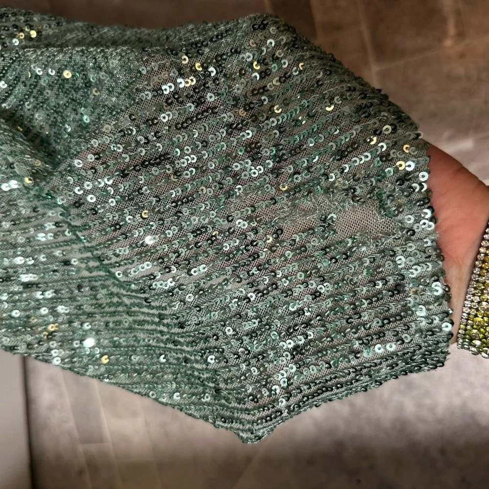 NWT La Femme Glitter Green Sequin Goddess Sexy To the Floor Low Back Gown - Picture 15 of 16